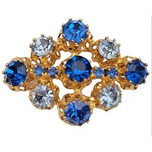 Marked Austria Gold Tone Blue Aqua Rhinestone Filigree Brooch, M740